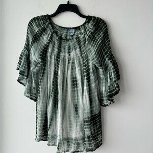 Y2K Studio West Top Green White Smocked Bell Sleeve Women S Hippie Boho Festival